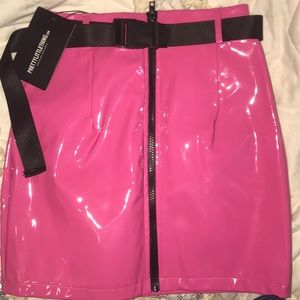 Neon Pink Vinyl Belted Mini Skirt